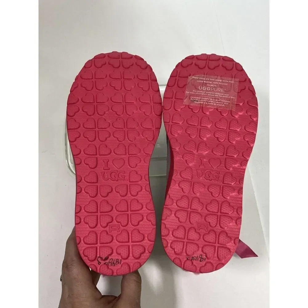 UGG Girls Knotty Boots Size 4 Youth Gray Suede Pink‎ Shearing Bow I heart